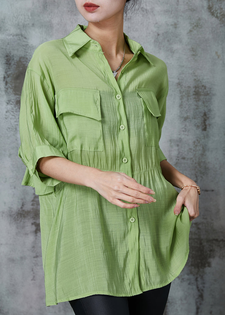 Grass Green Patchwork Silk Fake Two Piece Shirt Cinched Summer