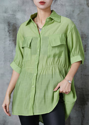 Grass Green Patchwork Silk Fake Two Piece Shirt Cinched Summer