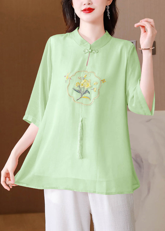Grass Green Silk Shirts Top Mandarin Collar Tasseled Summer