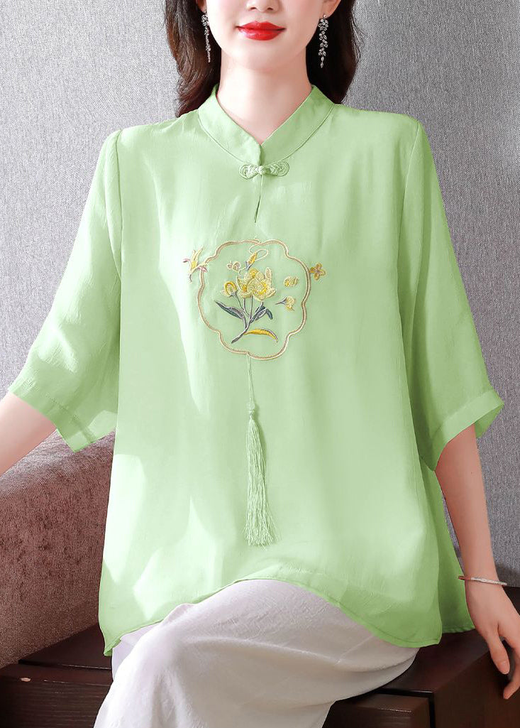 Grass Green Silk Shirts Top Mandarin Collar Tasseled Summer