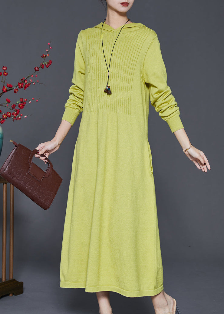 Grass Green Silm Fit Knit Dresses Hooded Spring