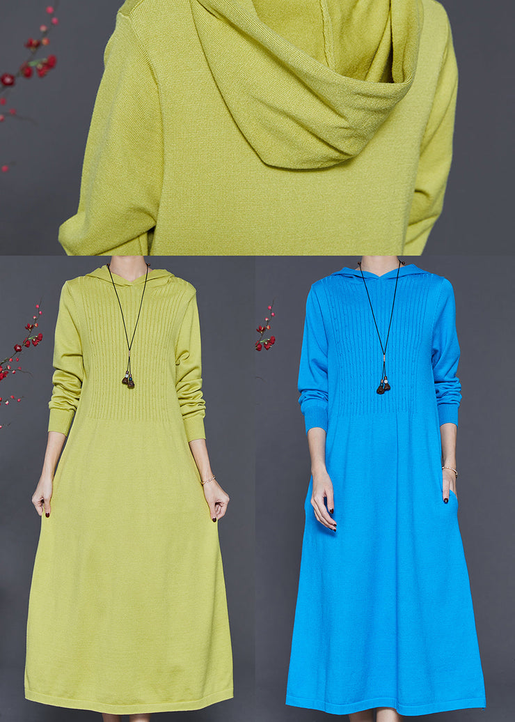 Grass Green Silm Fit Knit Dresses Hooded Spring