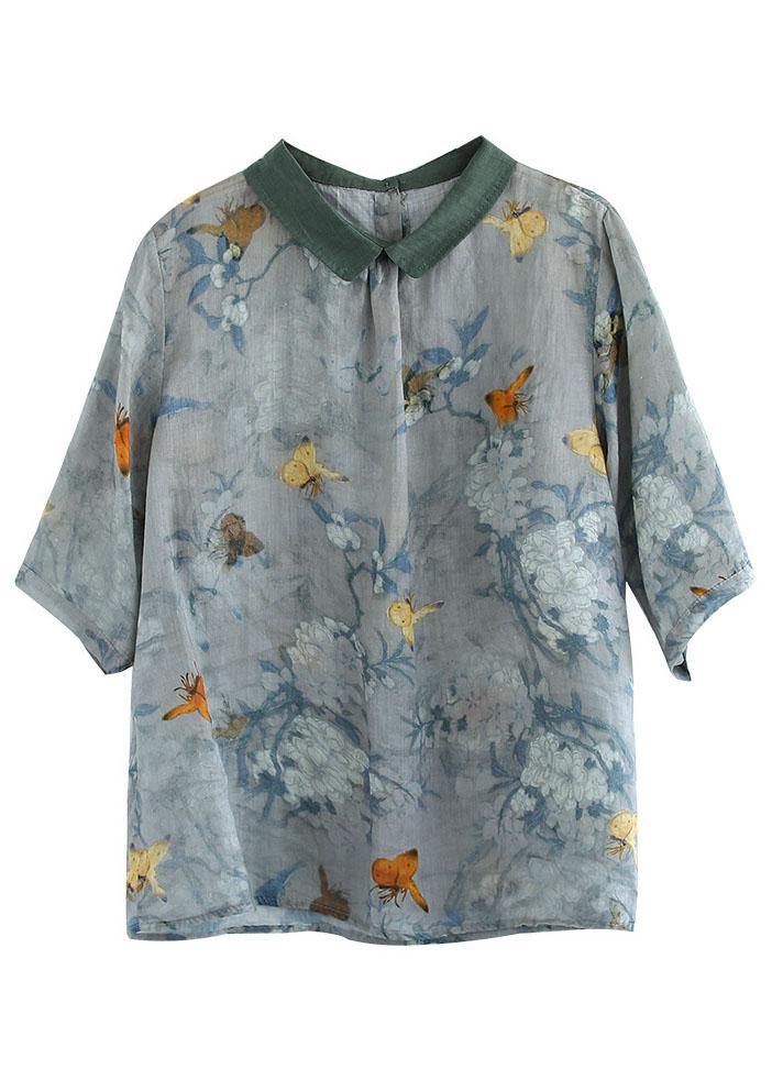 Grass Green Turn-down Collar Print Summer Shirt Half Sleeve - SooLinen