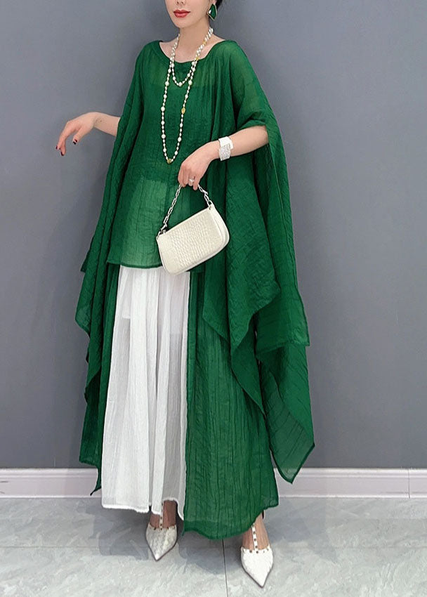 Green Asymmetrical Design Cotton Two Pieces Set Oversized Batwing Sleeve