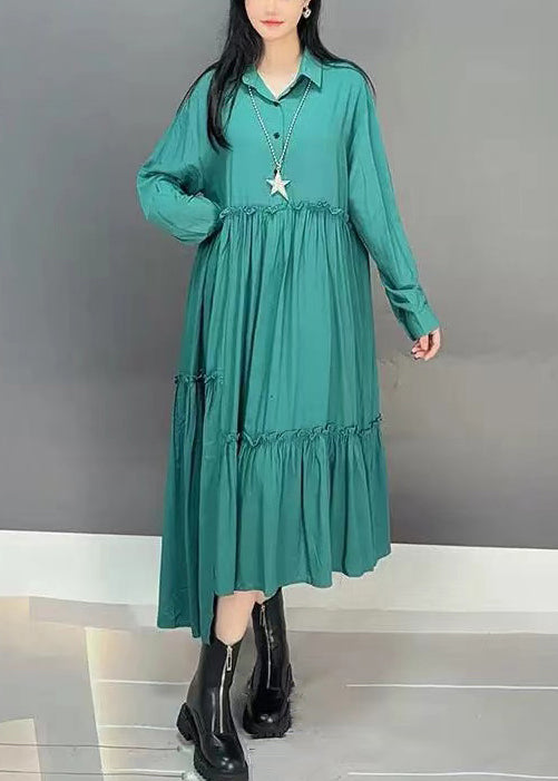 Green Button Cotton Fall Long Dresses Asymmetrical