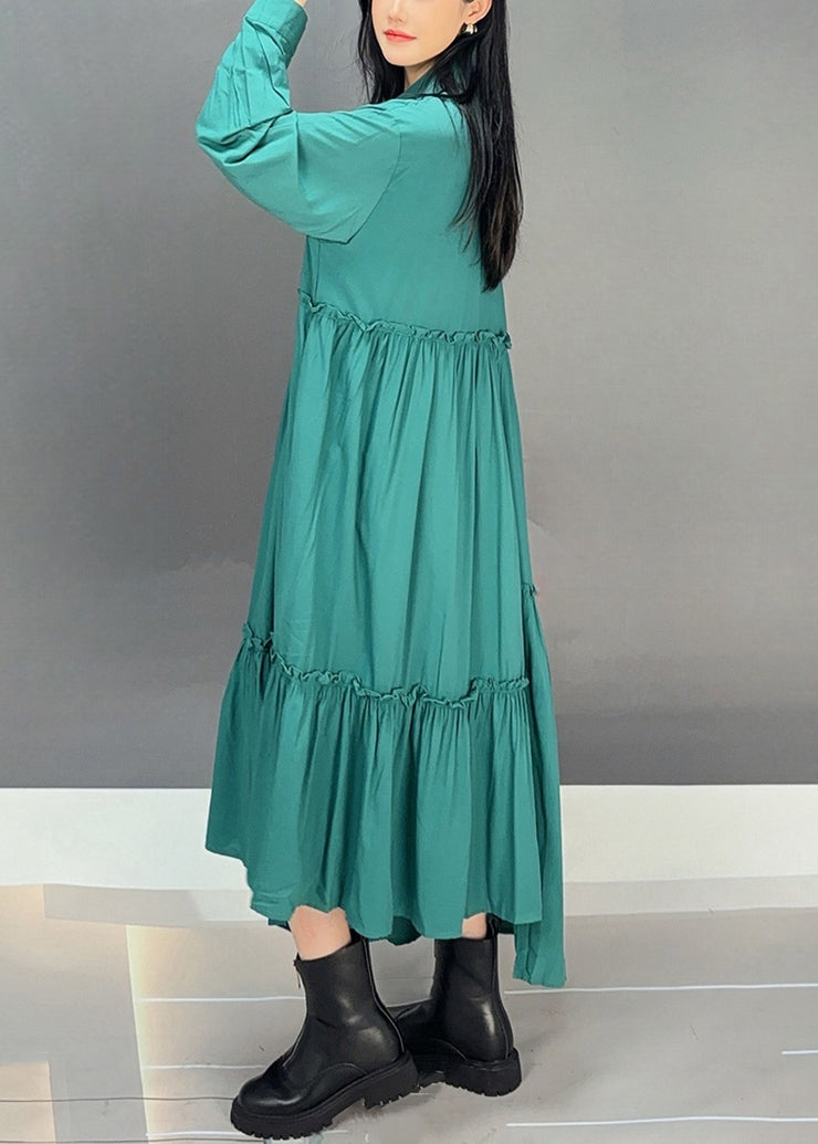 Green Button Cotton Fall Long Dresses Asymmetrical