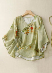 Green Button Lace Up Cotton Blouse V Neck Bracelet Sleeve