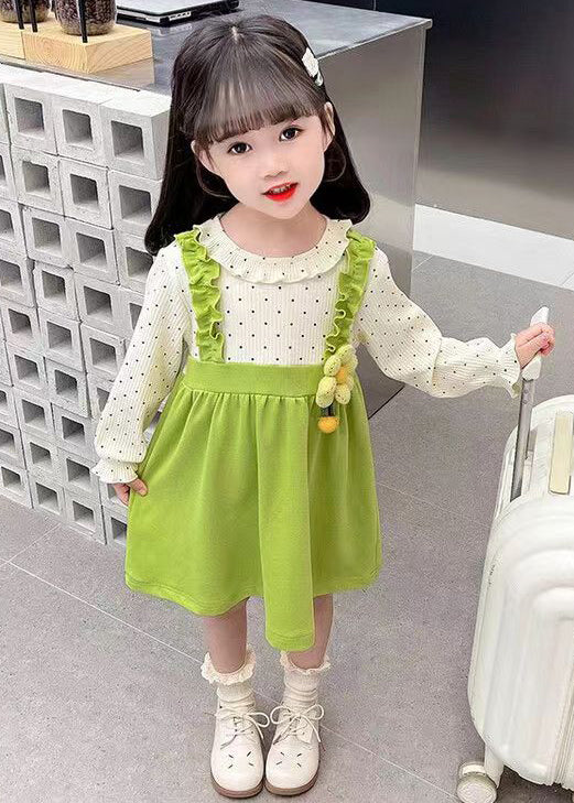 Green Button Patchwork Cotton Girls Dresses O-Neck Flare Sleeve