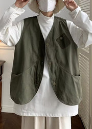 Green Button Patchwork Cotton Mens Waistcoat V Neck Sleeveless