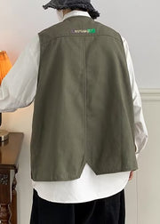 Green Button Patchwork Cotton Mens Waistcoat V Neck Sleeveless