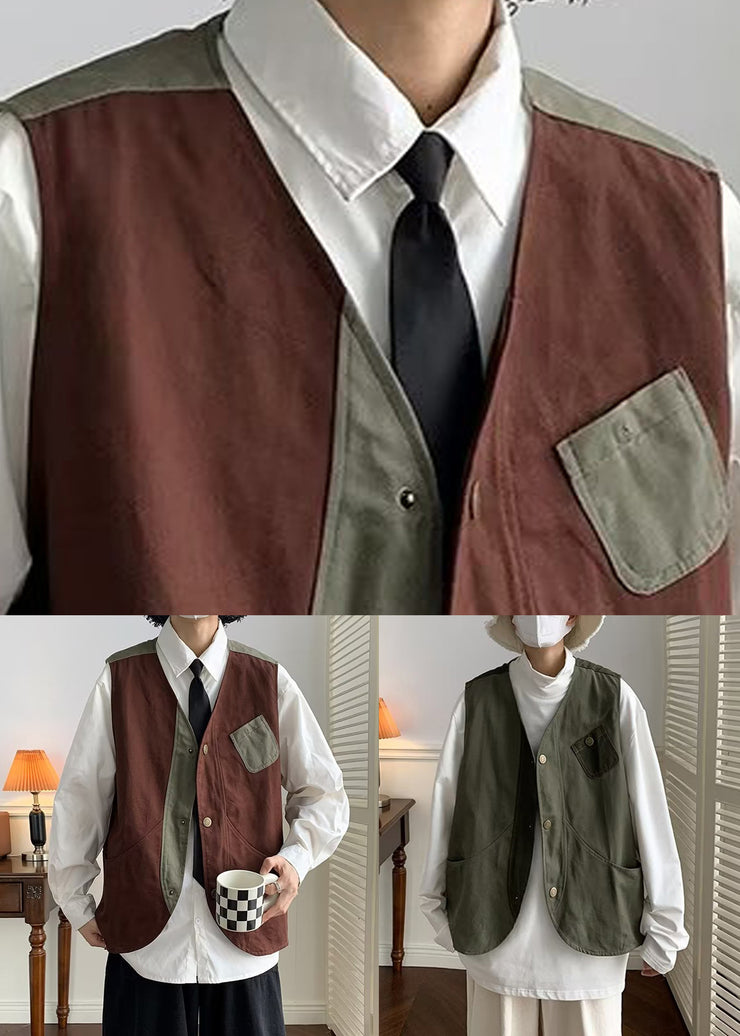 Green Button Patchwork Cotton Mens Waistcoat V Neck Sleeveless