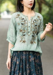 Green Button Patchwork Cotton T Shirt V Neck Half Sleeve