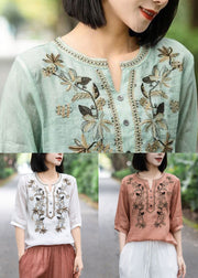 Green Button Patchwork Cotton T Shirt V Neck Half Sleeve