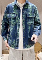 Green Button Patchwork Denim Spring Men Coat Peter Pan Collar