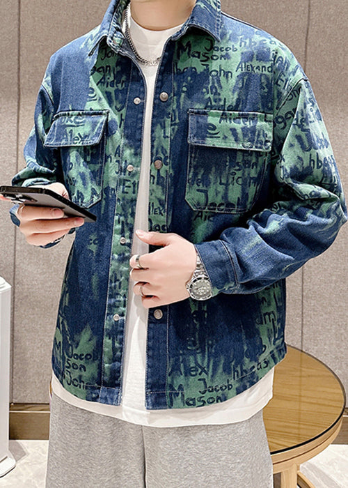 Green Button Patchwork Denim Spring Men Coat Peter Pan Collar