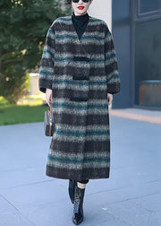 Green Button Patchwork Woolen Long Coats V Neck Winter