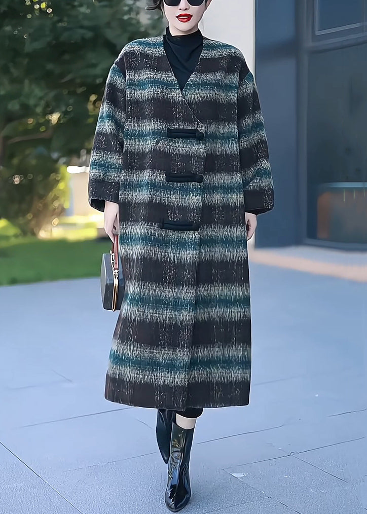 Green Button Patchwork Woolen Long Coats V Neck Winter