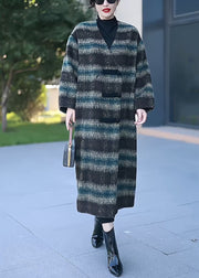 Green Button Patchwork Woolen Long Coats V Neck Winter