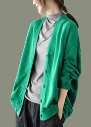 Green Button Pockets Patchwork Warm Fleece Sweatshirt Coat V Neck Long Sleeve