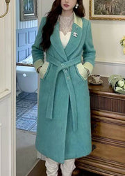 Green Button Pockets Woolen Coat Notched Winter