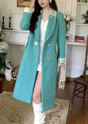 Green Button Pockets Woolen Coat Notched Winter