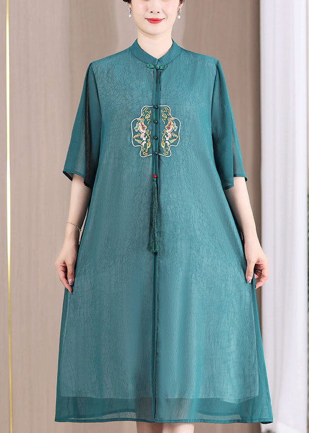 Green Button Tasseled Patchwork Dress Embroideried Half Sleeve