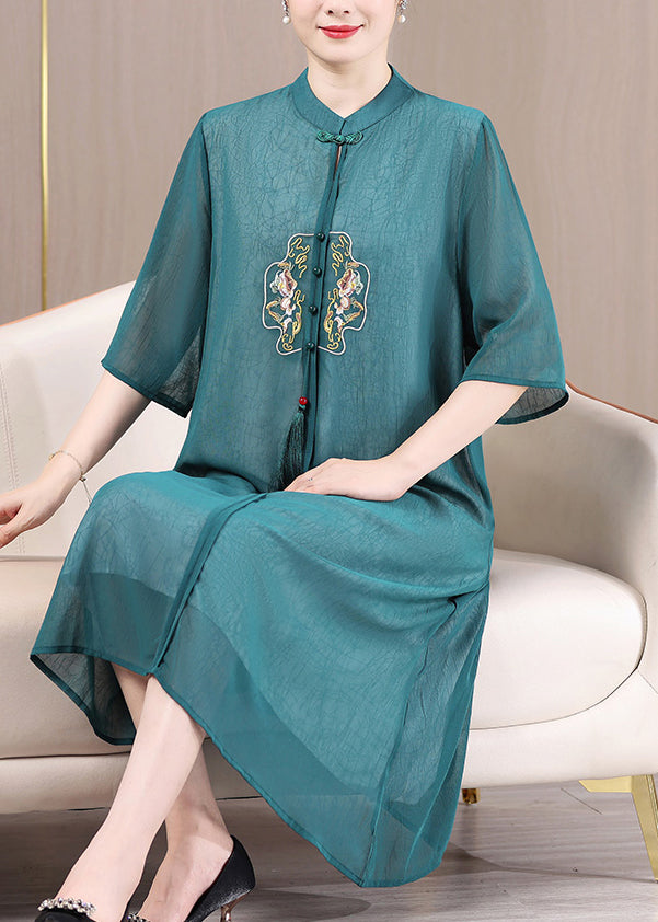 Green Button Tasseled Patchwork Dress Embroidered Half Sleeve