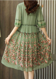 Green Chiffon Long Dress Ruffled Embroideried Summer