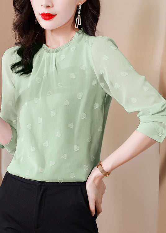 Green Chiffon Shirt Top O-Neck Ruffled Spring