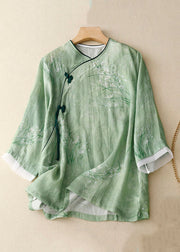 Green Chinese Button Cotton Shirts O Neck Bracelet Sleeve