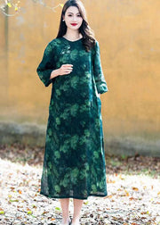 Green Chinese Button Patchwork Linen Long Dress O Neck Summer