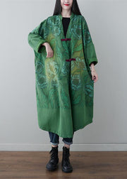 Green Chinese Button Print Cotton Coats V Neck Spring