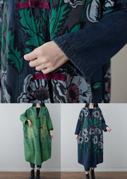 Green Chinese Button Print Cotton Coats V Neck Spring