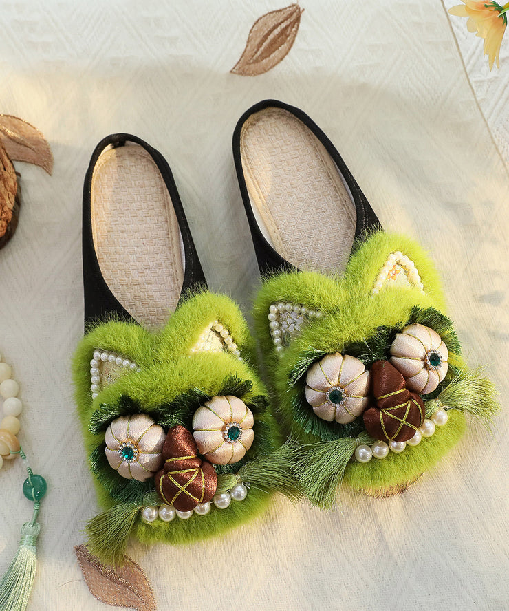 Green Chinese Style Cotton Fabric Slippers Shoes Nail Bead