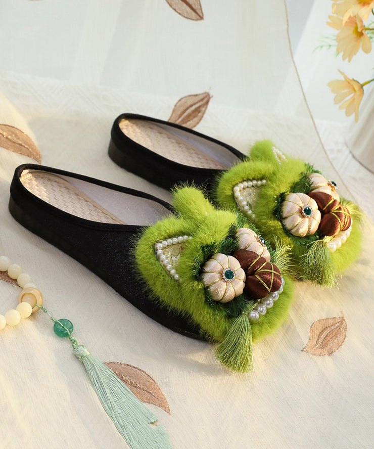 Green Chinese Style Cotton Fabric Slippers Shoes Nail Bead