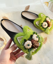 Green Chinese Style Cotton Fabric Slippers Shoes Nail Bead