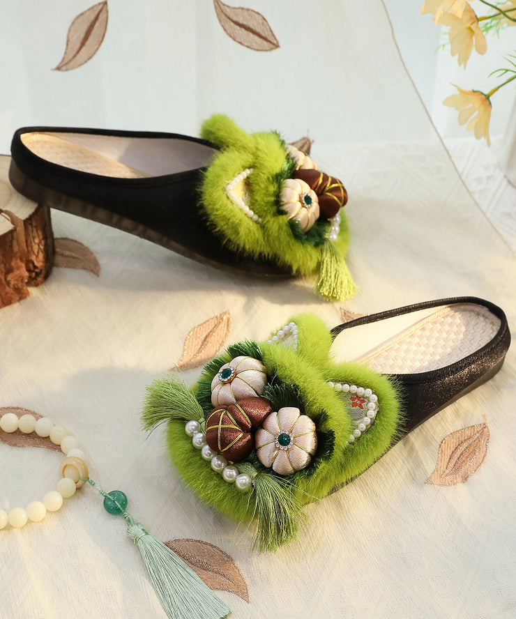 Green Chinese Style Cotton Fabric Slippers Shoes Nail Bead