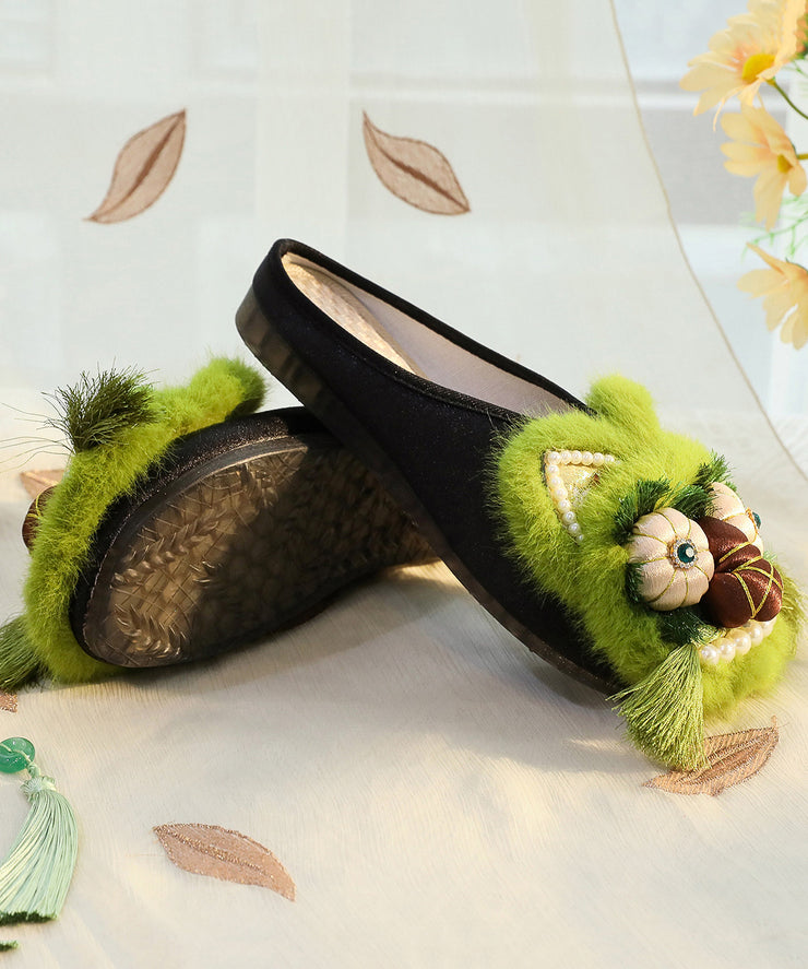 Green Chinese Style Cotton Fabric Slippers Shoes Nail Bead