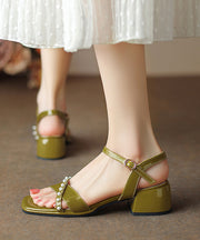 Green Chunky Heel Faux Leather Beautiful Splicing Nail Bead Sandals