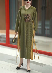 Green Cinched Patchwork Knit Long Dresses V Neck Winter