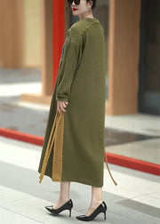 Green Cinched Patchwork Knit Long Dresses V Neck Winter