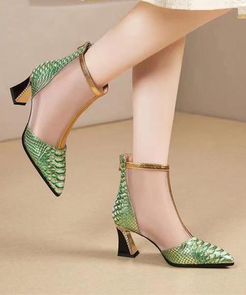 Green Classy Boots Chunky Heel Pointed Toe Tulle Splicing