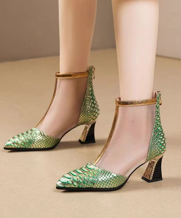 Green Classy Boots Chunky Heel Pointed Toe Tulle Splicing