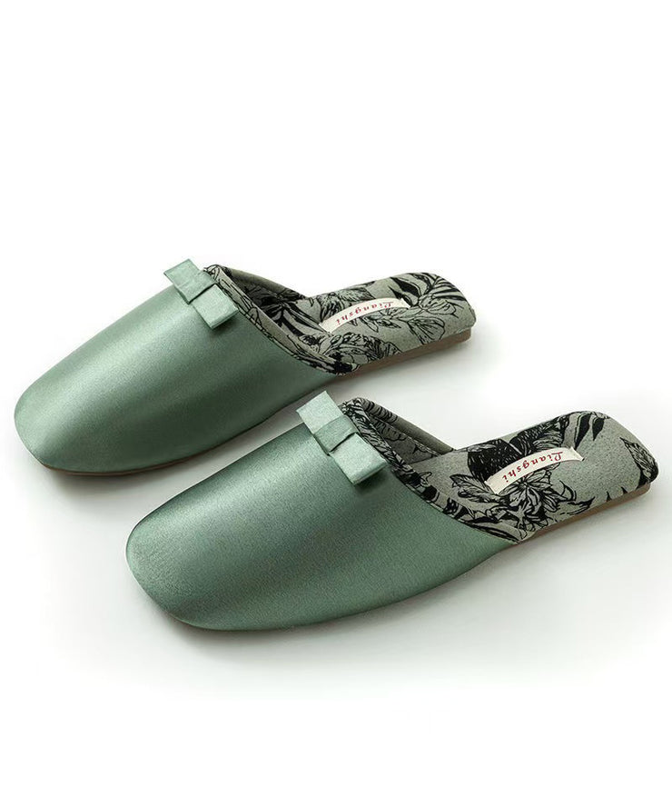 Green Comfortable Satin Slippers Shoes Splicing Bow