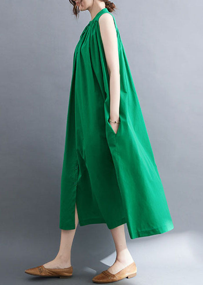 Green Cotton A Line Dress O-Neck Oversized Summer