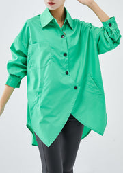 Green Cotton Blouses Asymmetrical Design Oversized Fall