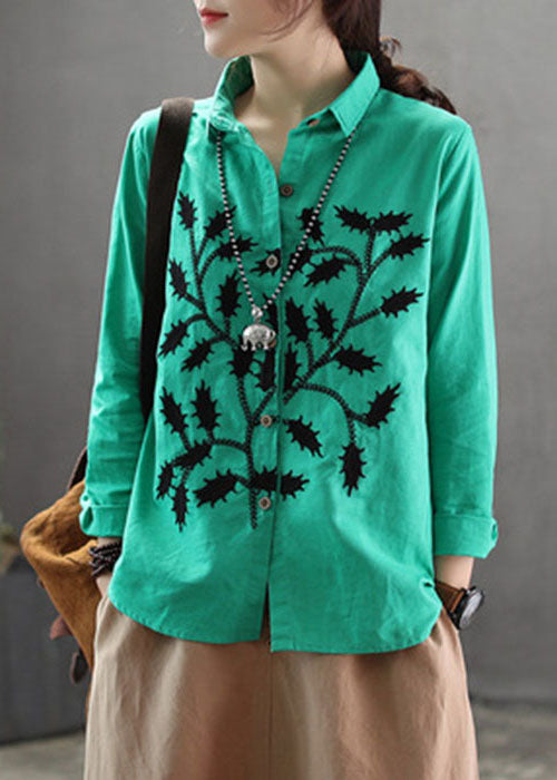 Green Cotton Blouses Turn-down Collar Branch Embroideried Long Sleeve