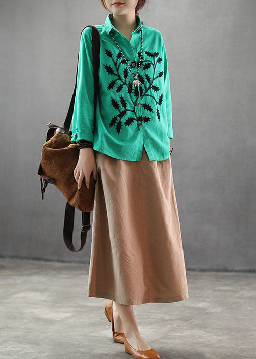 Green Cotton Blouses Turn-down Collar Branch Embroideried Long Sleeve