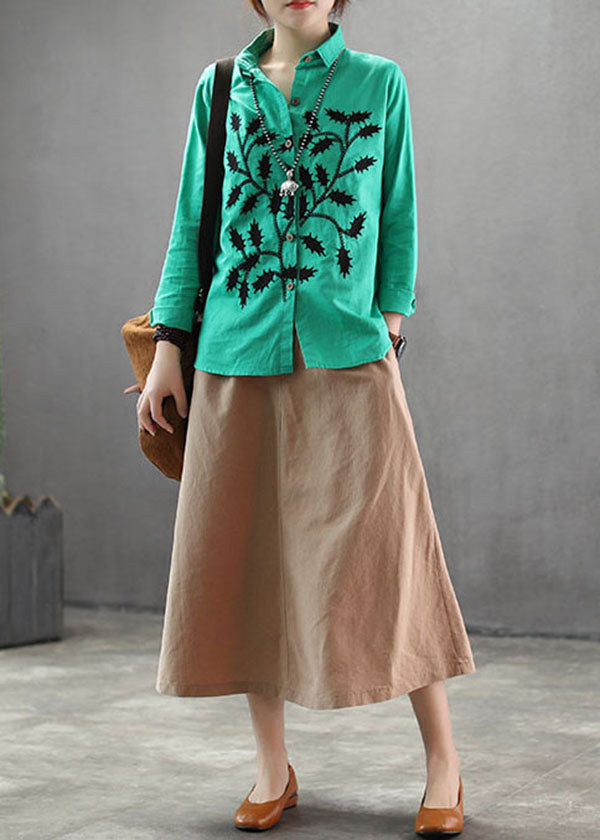 Green Cotton Blouses Turn-down Collar Branch Embroideried Long Sleeve