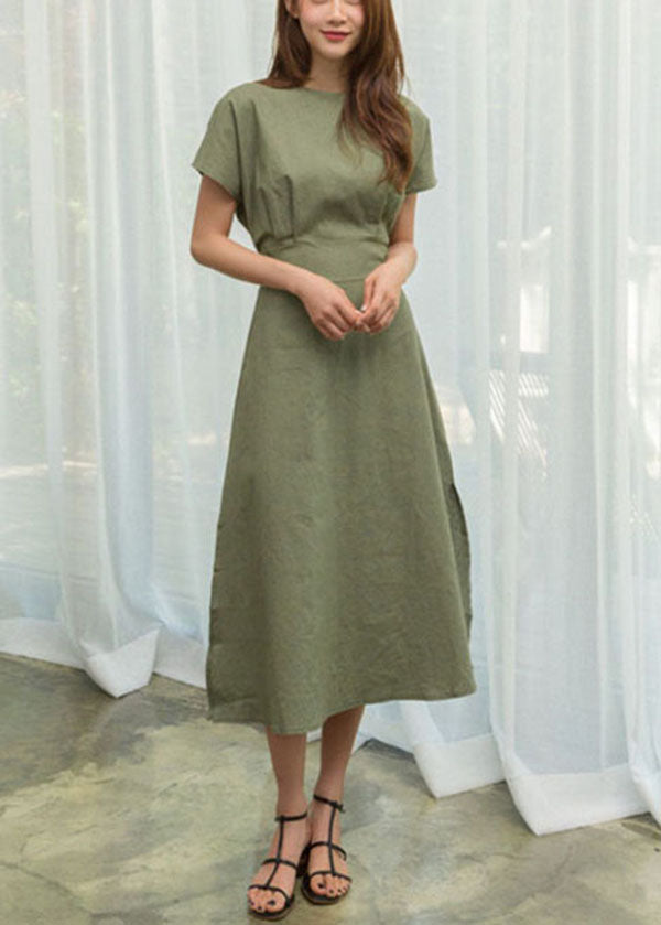 Green Cotton Cinch Dresses Side Open Exra Large Hem Summer